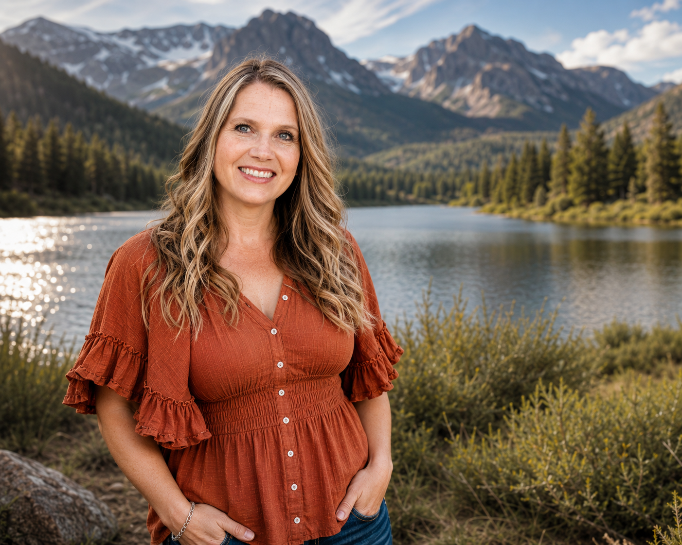 Portrait of Kitsey Behrman beside a mountain lake